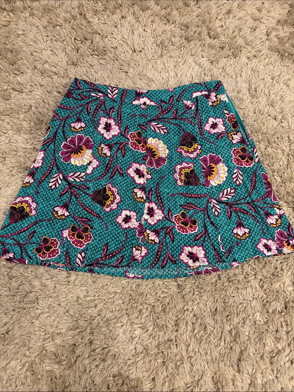 LOFT Teal Floral A-Line Mini Skirt with Pink and Yellow Accents